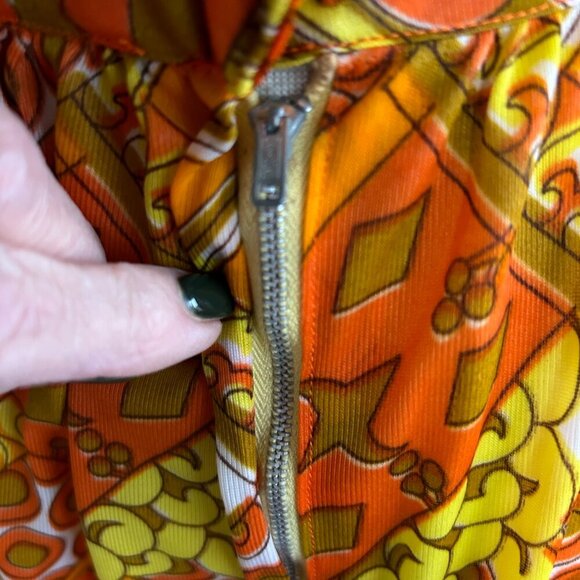 Vintage 60s 70s Pop Art Orange Yellow Geometric Nylon Maxi Skirt - Picture 2 of 7
